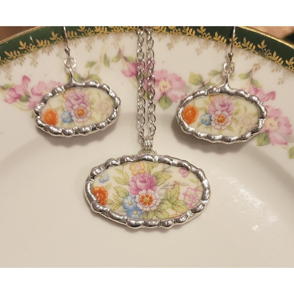 Broken China Colorful Floral Bouquet Jewelry Set – Necklace & Earrings, Upcycled